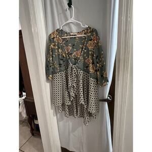 Magnolia Boutique Green Multicolor Floral Tie Front Chiffon Open Cardigan Sz S